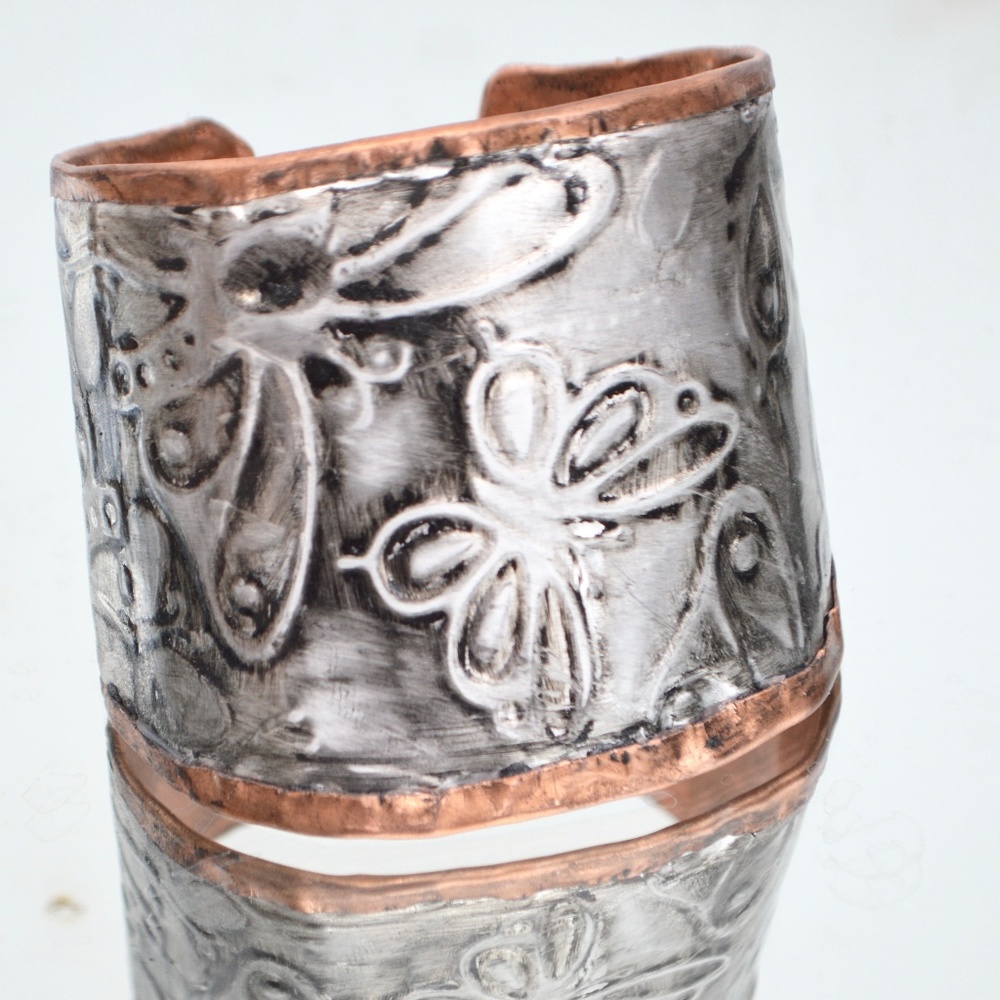 Butterfly Silver Pure Copper Wide Cuff Bracelet Handmade Embossed Rustic Boho